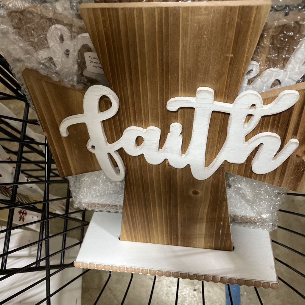 11107 WOOD TABLETOP CROSS WITH RAISED WORDS AND BEAD ACCENT, FAITH, BLESSED, LOVE. 3 asst