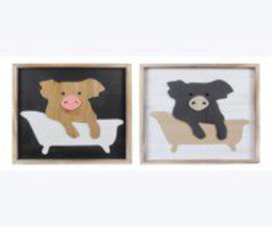 12233 Square Framed Wooden Wall Decor - Pig in Bathtub