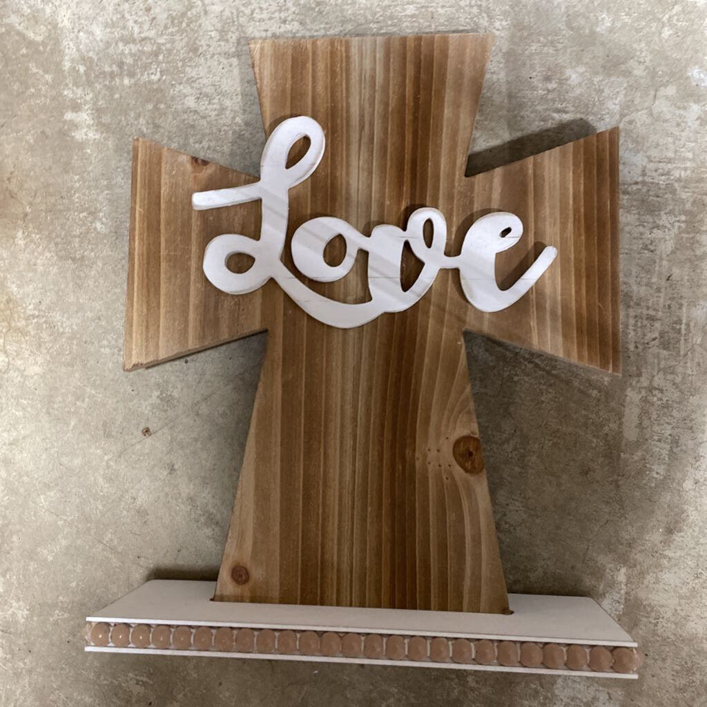 11107 WOOD TABLETOP CROSS WITH RAISED WORDS AND BEAD ACCENT, FAITH, BLESSED, LOVE. 3 asst